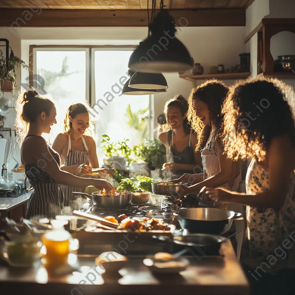 Diverse friends happily cooking together in a bright kitchen - Image 3