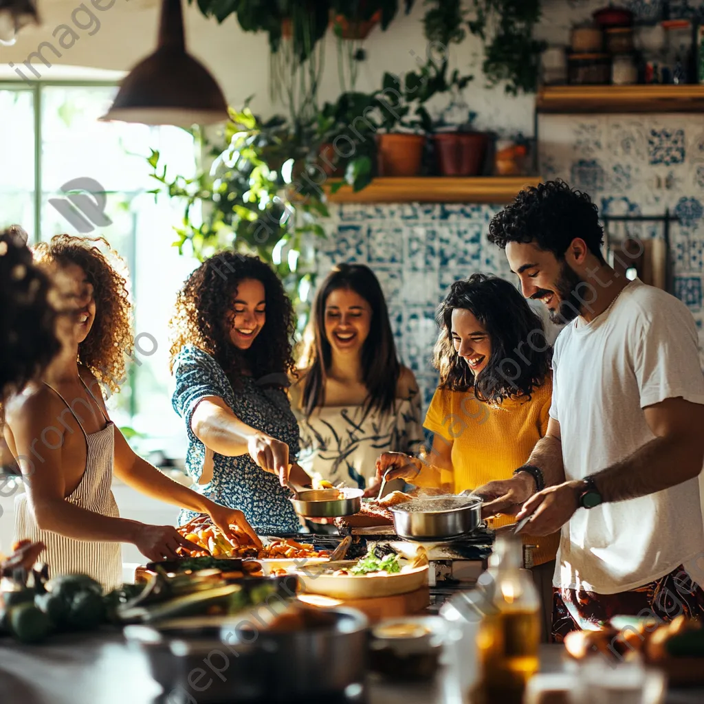 Diverse friends happily cooking together in a bright kitchen - Image 4