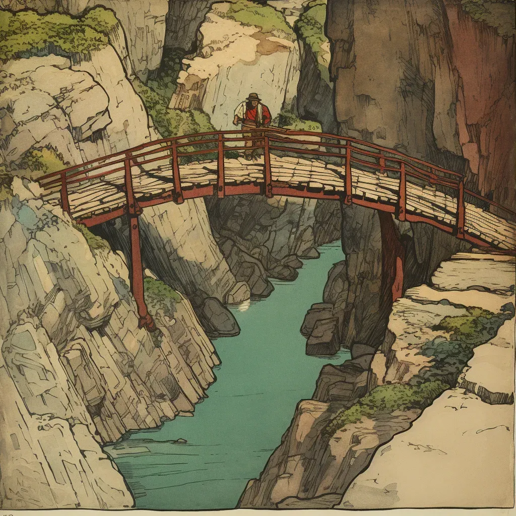 Artistic depiction of traveler crossing wooden bridge over chasm, symbolizing overcoming challenges - Image 1