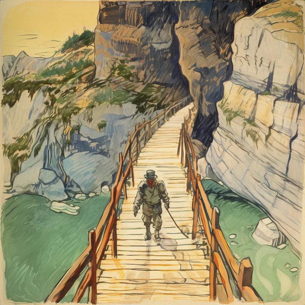 Artistic depiction of traveler crossing wooden bridge over chasm, symbolizing overcoming challenges - Image 3