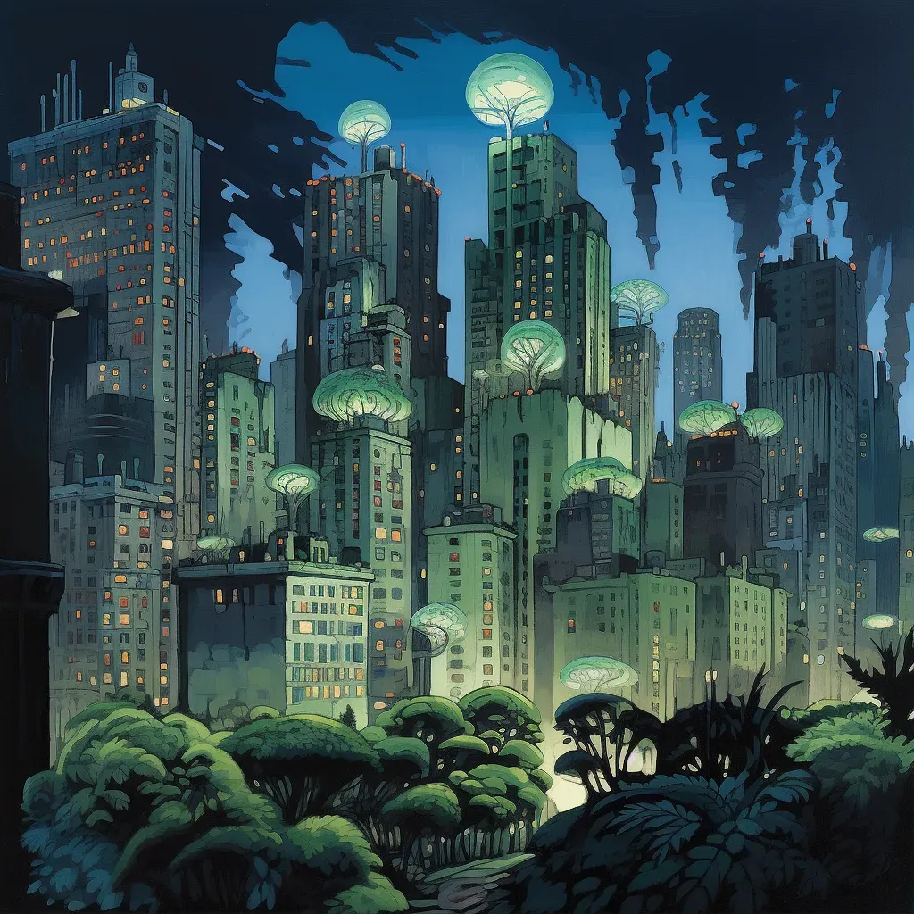 Cityscape with buildings grown from bioluminescent plants - Image 1