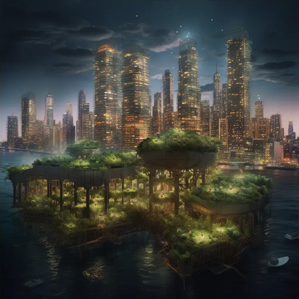 Cityscape with buildings grown from bioluminescent plants - Image 4