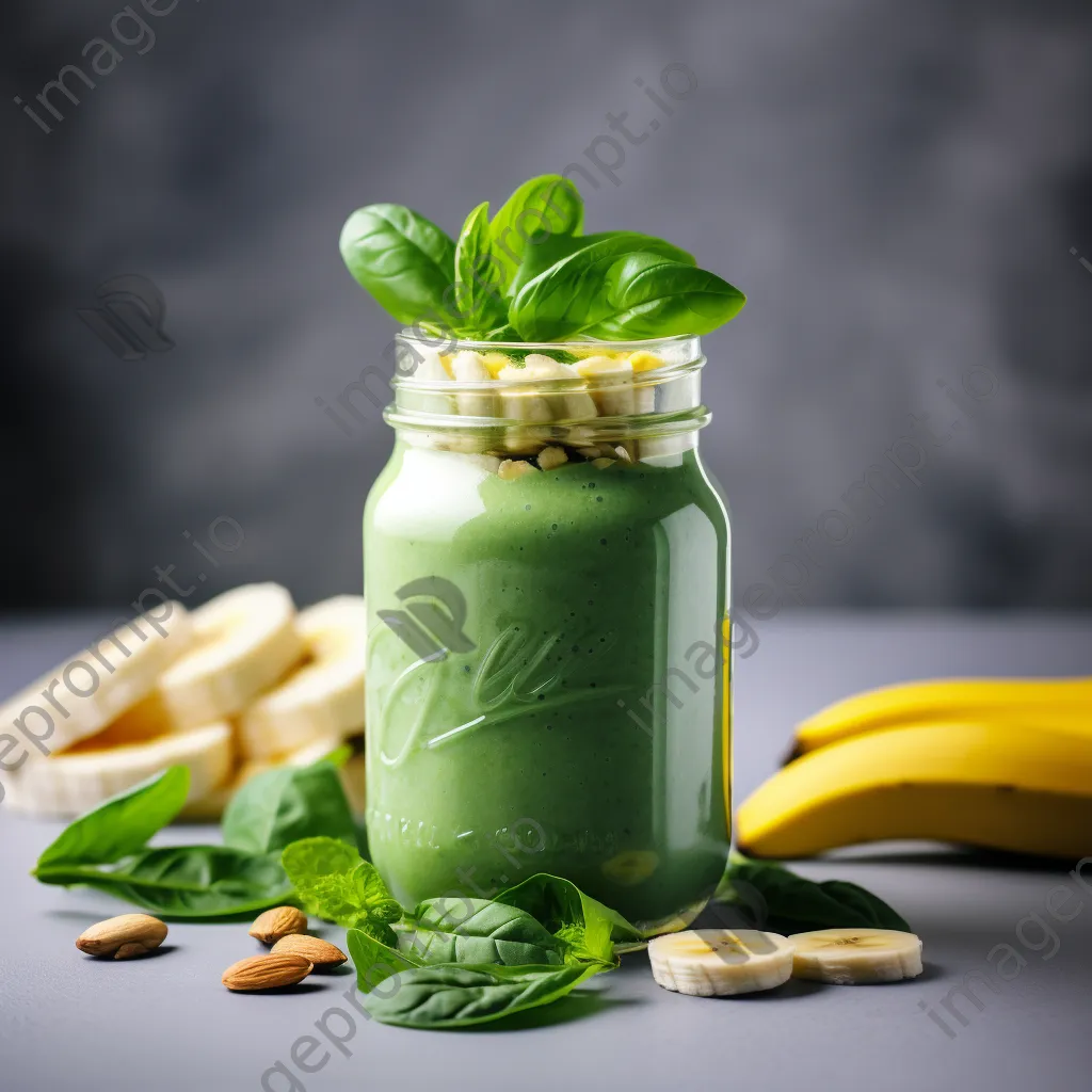 A smoothie jar containing spinach and banana, garnished with mint and fruits on a light background. - Image 1