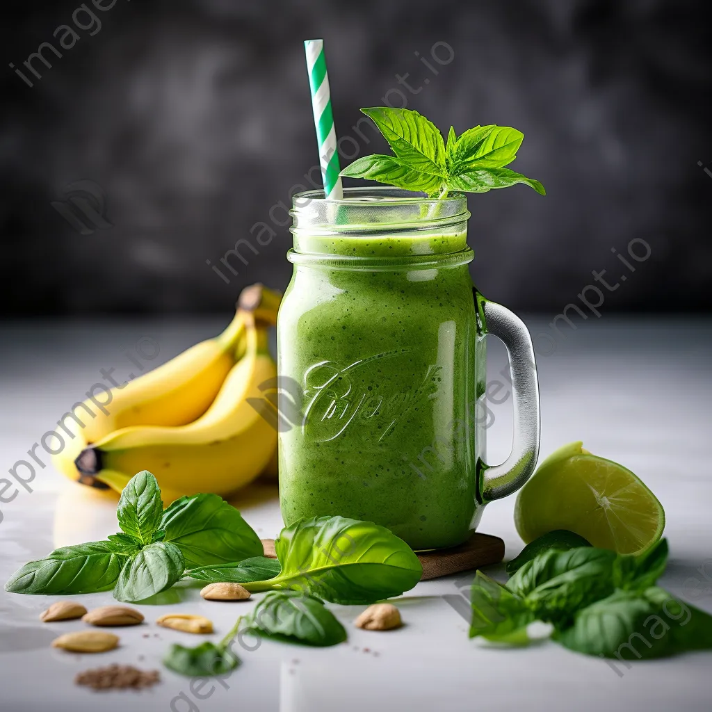 A smoothie jar containing spinach and banana, garnished with mint and fruits on a light background. - Image 3