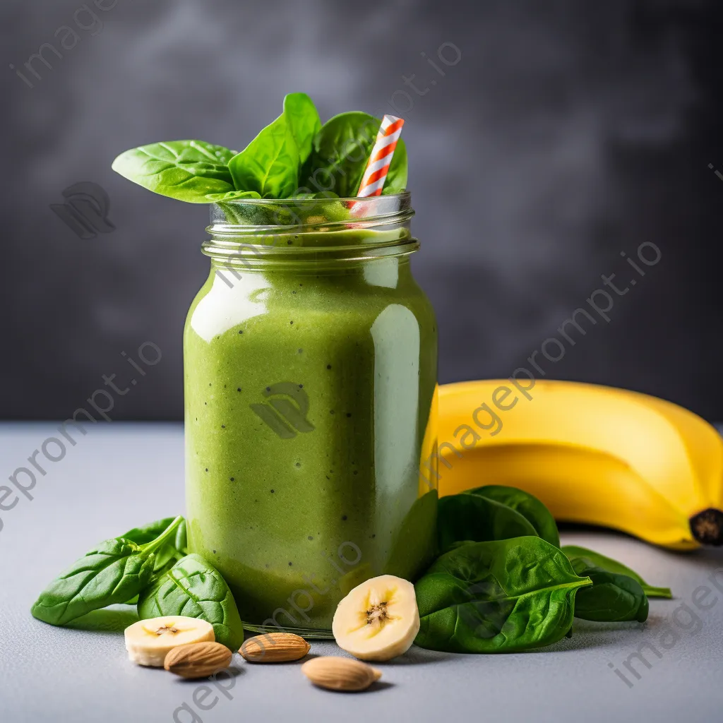 A smoothie jar containing spinach and banana, garnished with mint and fruits on a light background. - Image 4