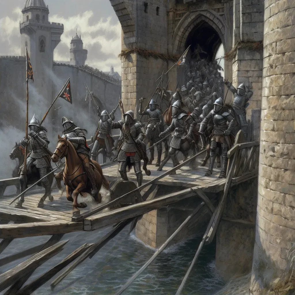 Knights crossing drawbridge into stone castle on quest - Image 2