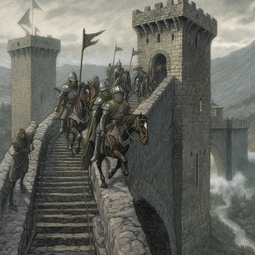 Knights crossing drawbridge into stone castle on quest - Image 3