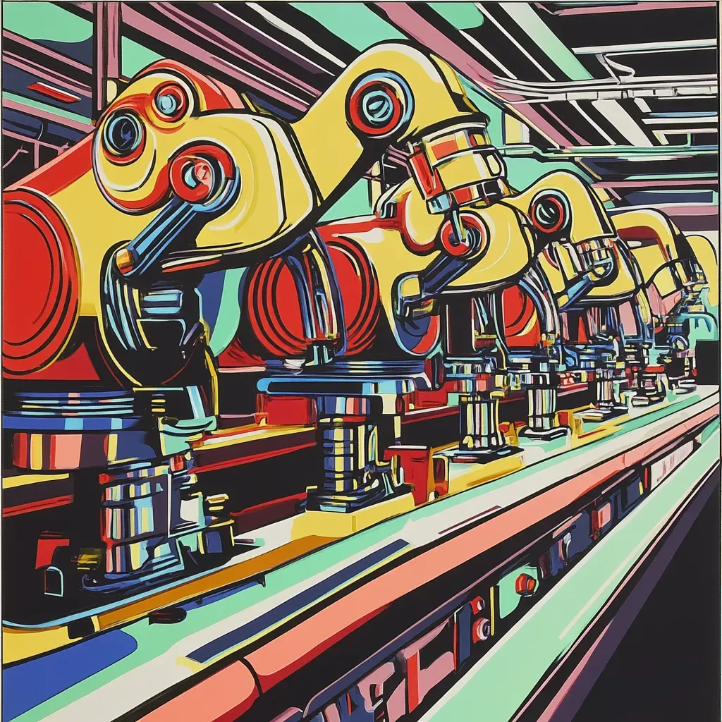 Pop Art style painting of a robotic assembly line, with contrasts and warmer tones, inspired by Roy Lichtenstein - Image 3