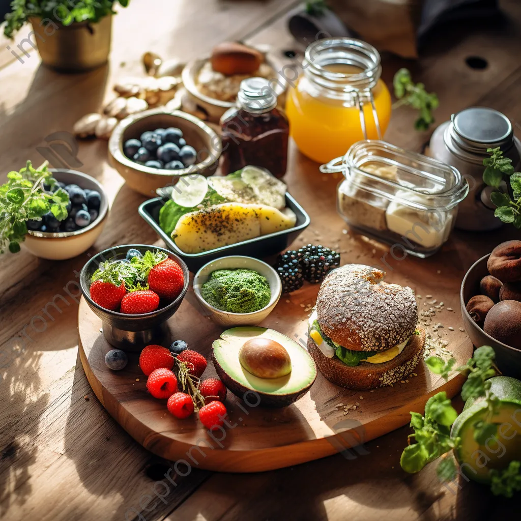 Flat-lay of organic breakfast items including avocado toast and fresh fruit on a wooden table. - Image 1