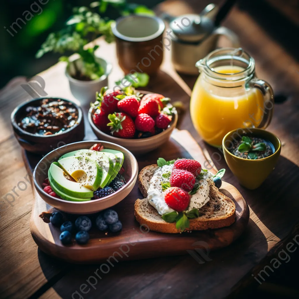 Flat-lay of organic breakfast items including avocado toast and fresh fruit on a wooden table. - Image 2