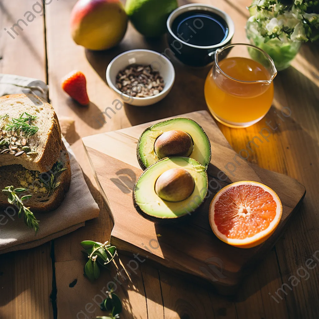 Flat-lay of organic breakfast items including avocado toast and fresh fruit on a wooden table. - Image 3