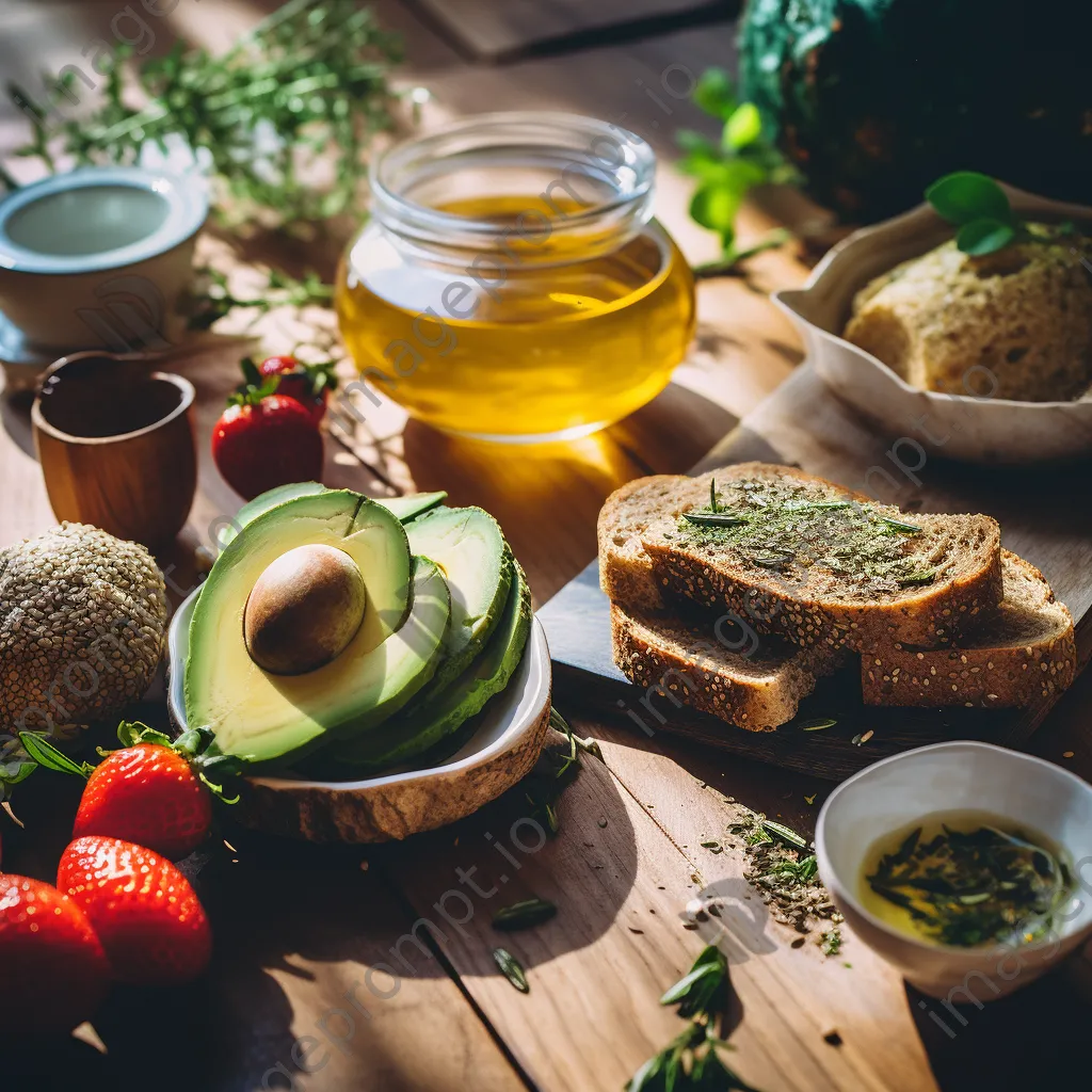 Flat-lay of organic breakfast items including avocado toast and fresh fruit on a wooden table. - Image 4