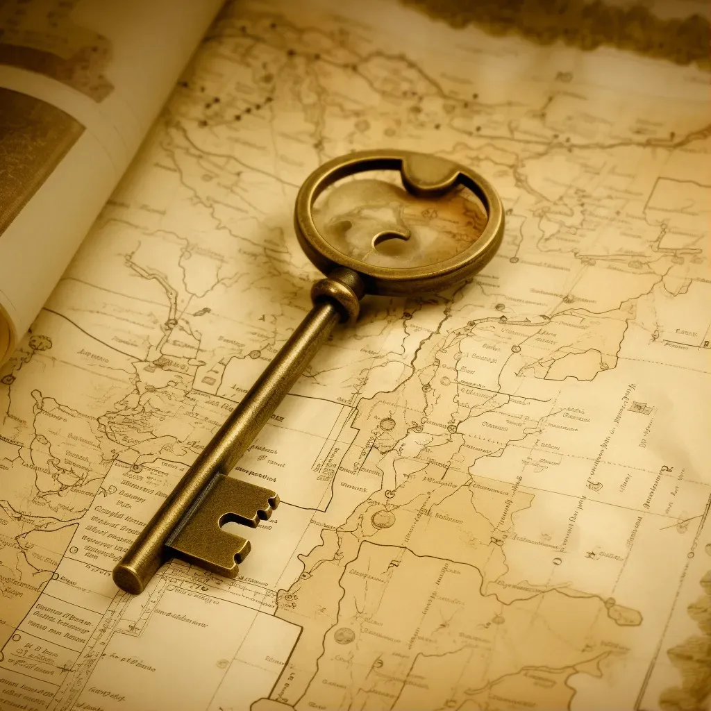 Golden key on an old parchment map symbolizing knowledge and discovery - Image 1