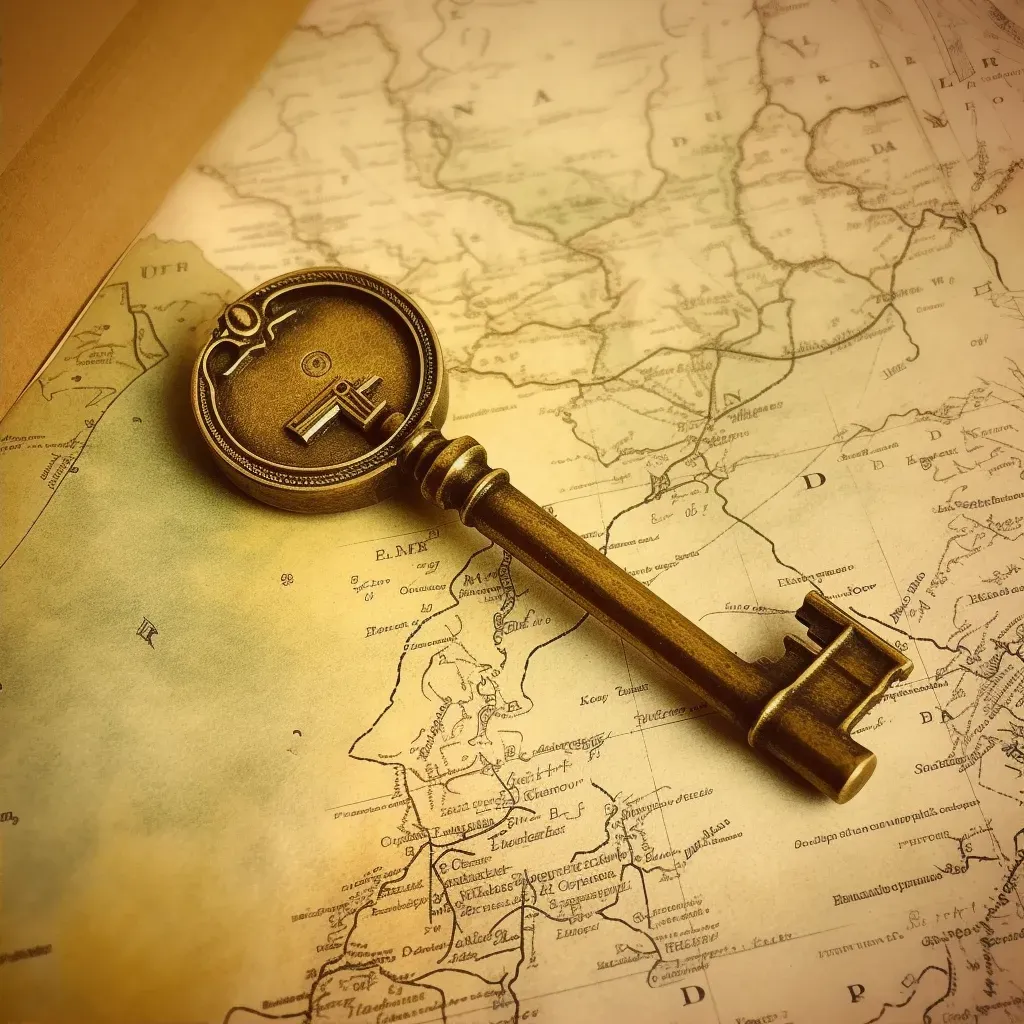 Golden key on an old parchment map symbolizing knowledge and discovery - Image 2