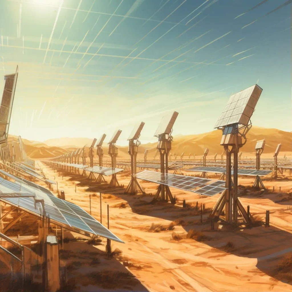 Solar farm in sunny desert with gleaming panels reflecting sunlight - Image 1