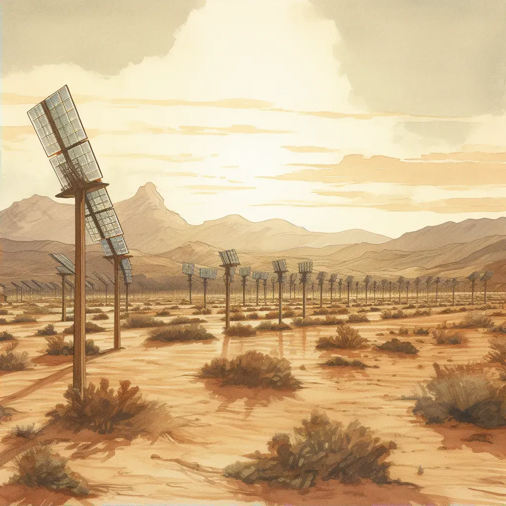 Solar farm in sunny desert with gleaming panels reflecting sunlight - Image 2