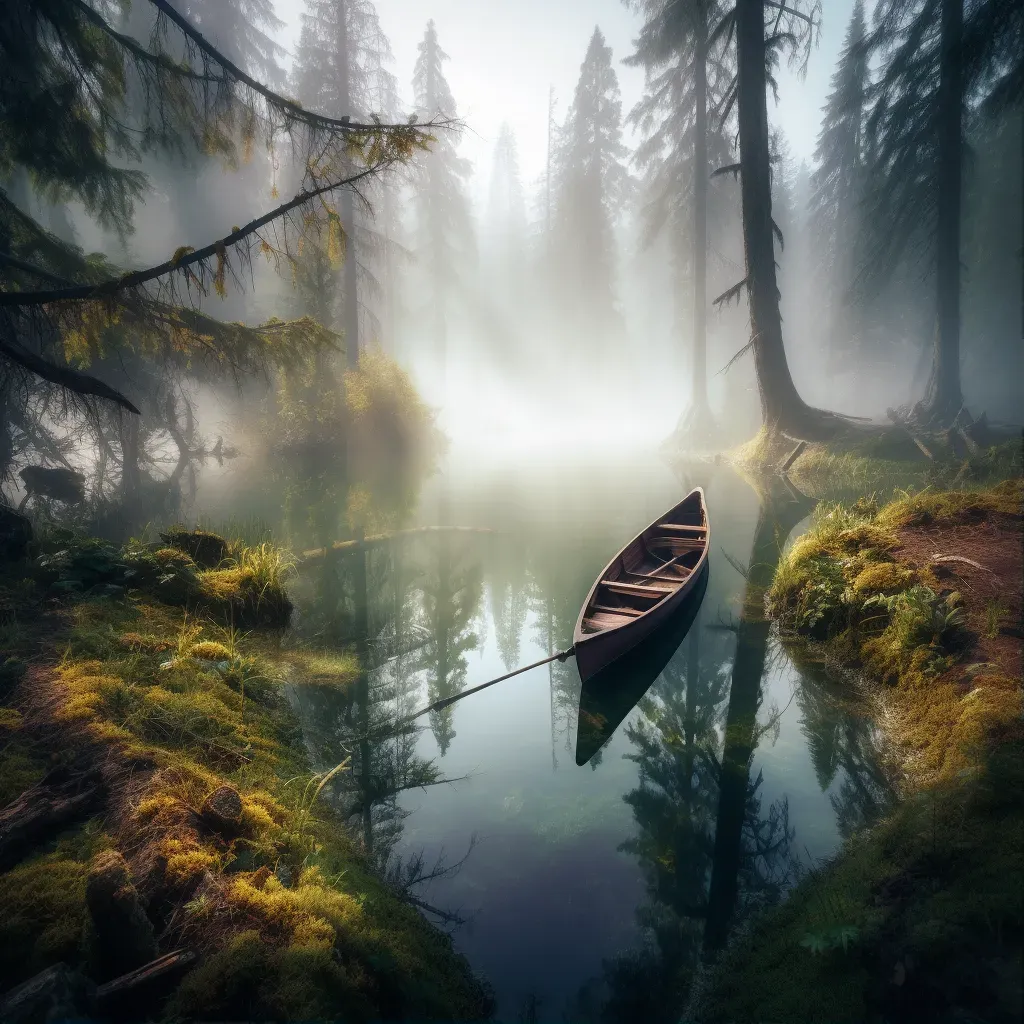 Image of a canoe on a mirror-like lake surrounded by dense forest - Image 1