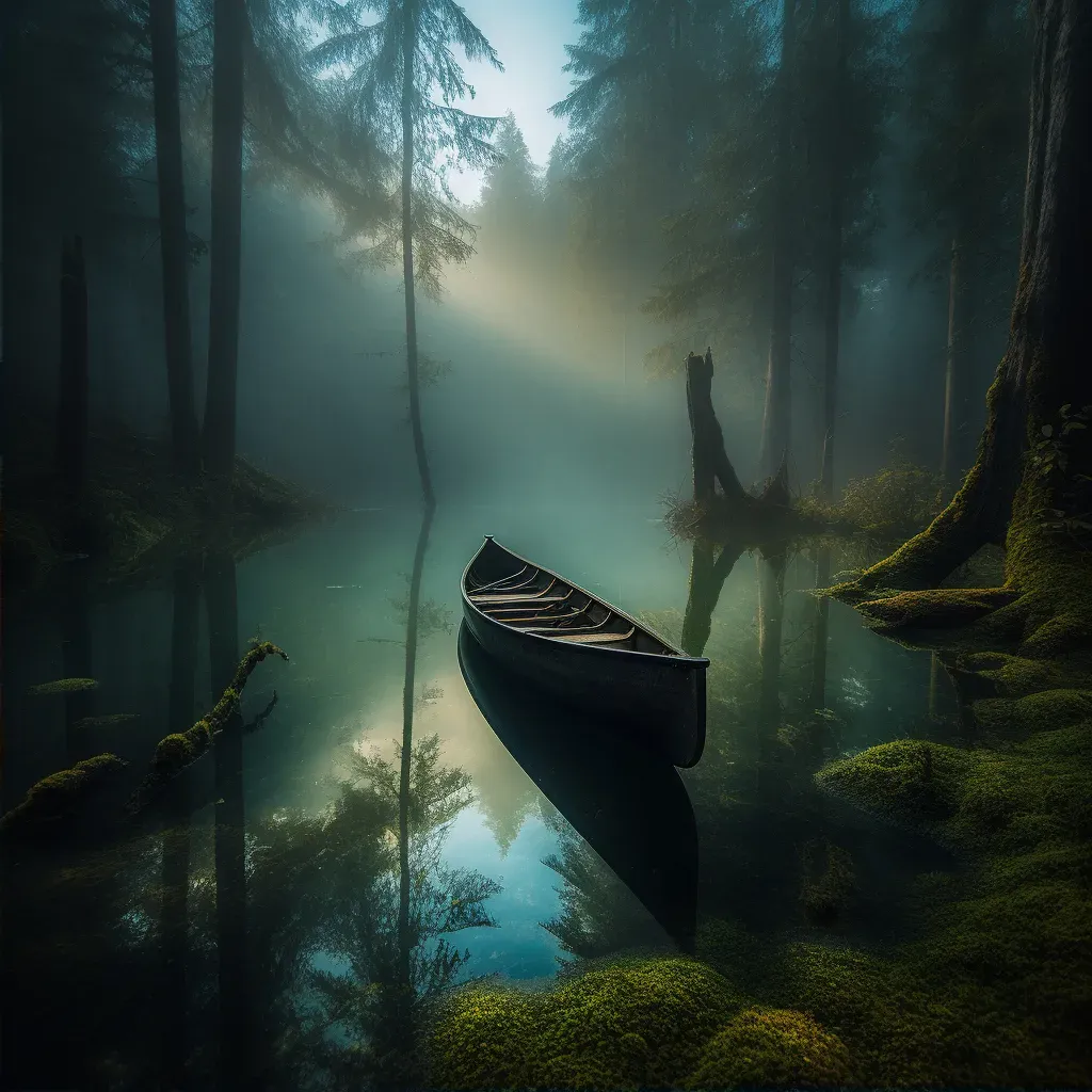 Image of a canoe on a mirror-like lake surrounded by dense forest - Image 2