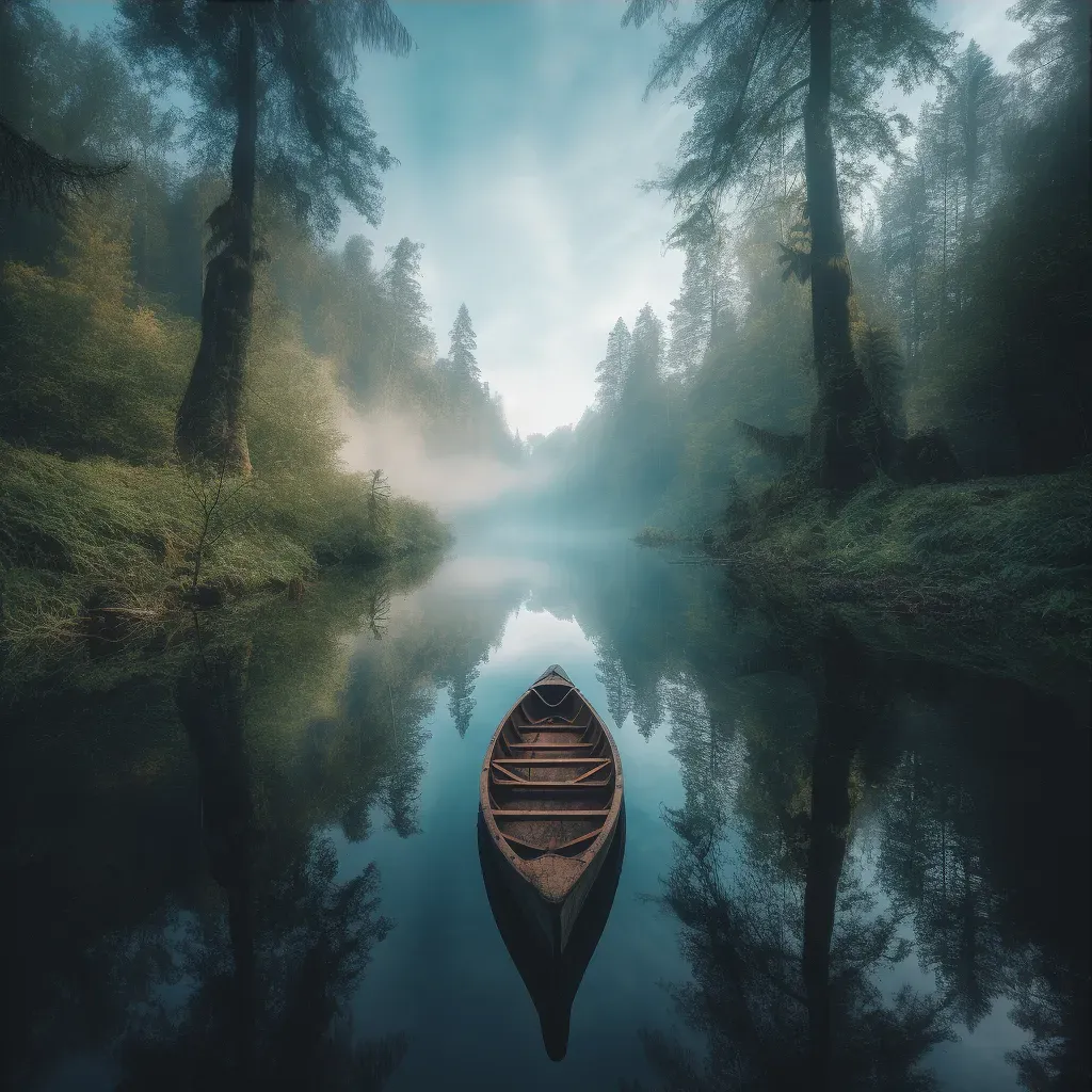 Image of a canoe on a mirror-like lake surrounded by dense forest - Image 3