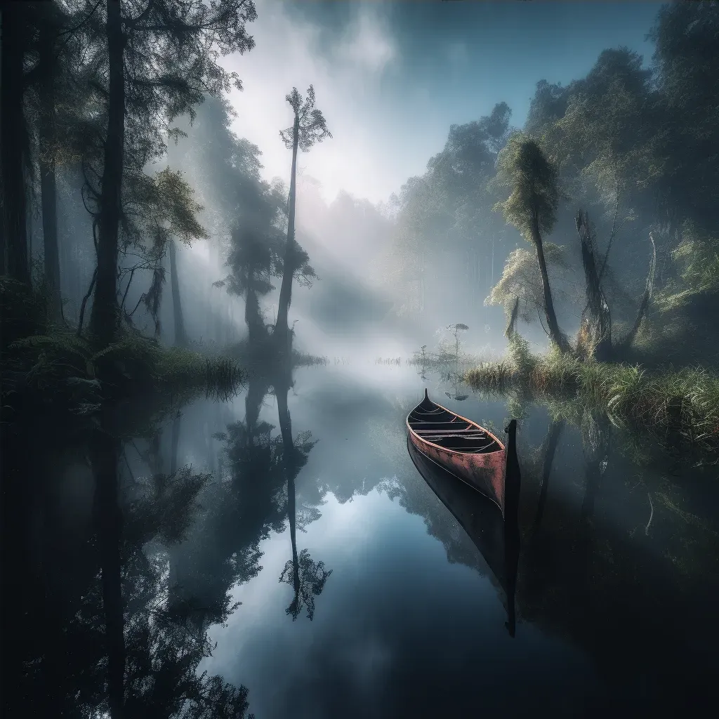 Image of a canoe on a mirror-like lake surrounded by dense forest - Image 4