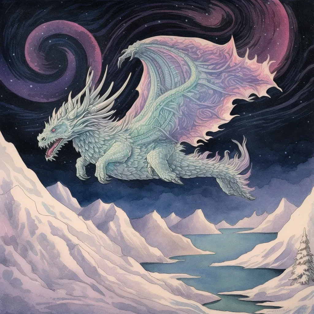 Spectral dragon soaring over snow-covered mountains under the aurora borealis - Image 1