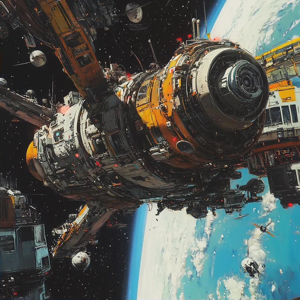 Hyperrealistic scene of a space station in orbit, illustrating cohabitation of humans and robots - Image 2