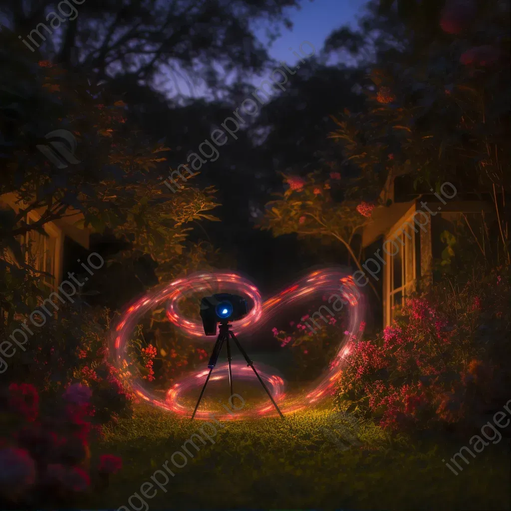 Twilight garden light painting with dreamy illuminations among foliage - Image 1