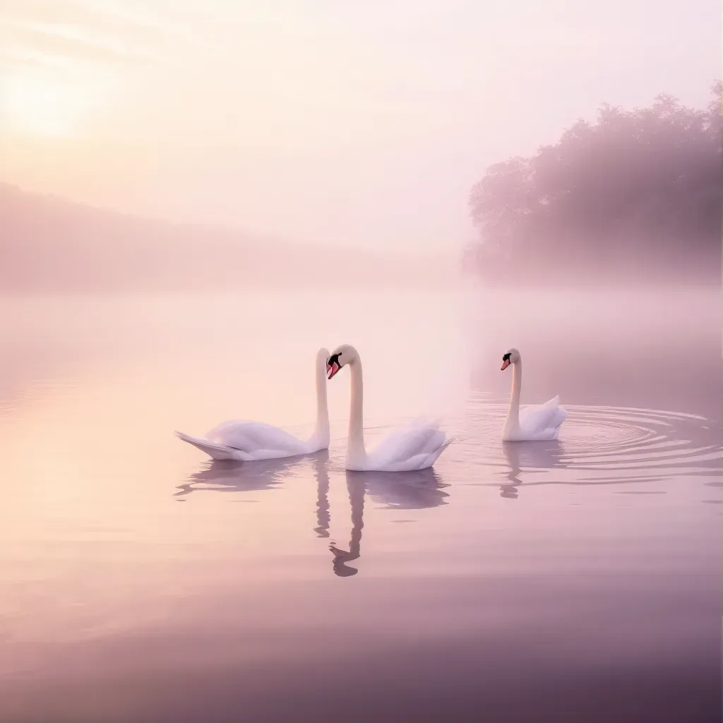 Elegant swan family gliding on a tranquil mist-covered lake at sunrise - Image 1