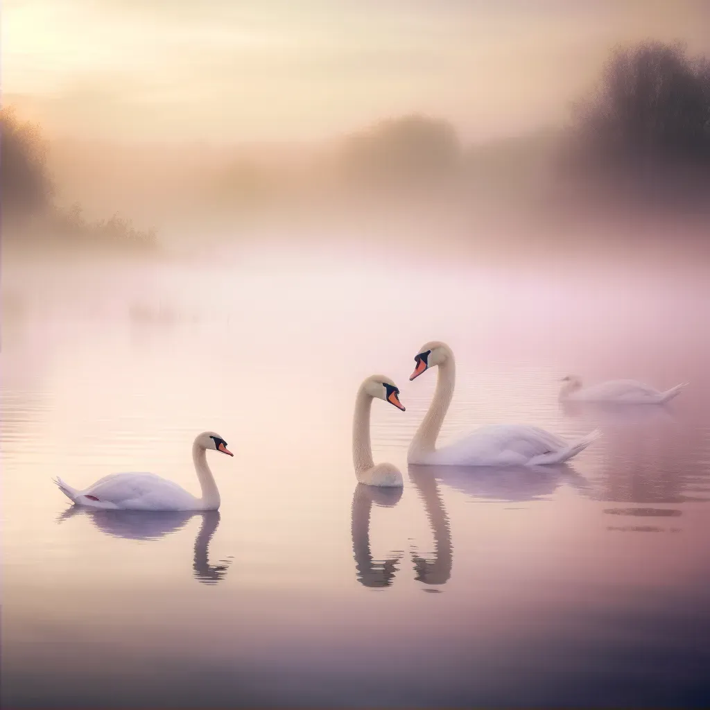 Elegant swan family gliding on a tranquil mist-covered lake at sunrise - Image 2