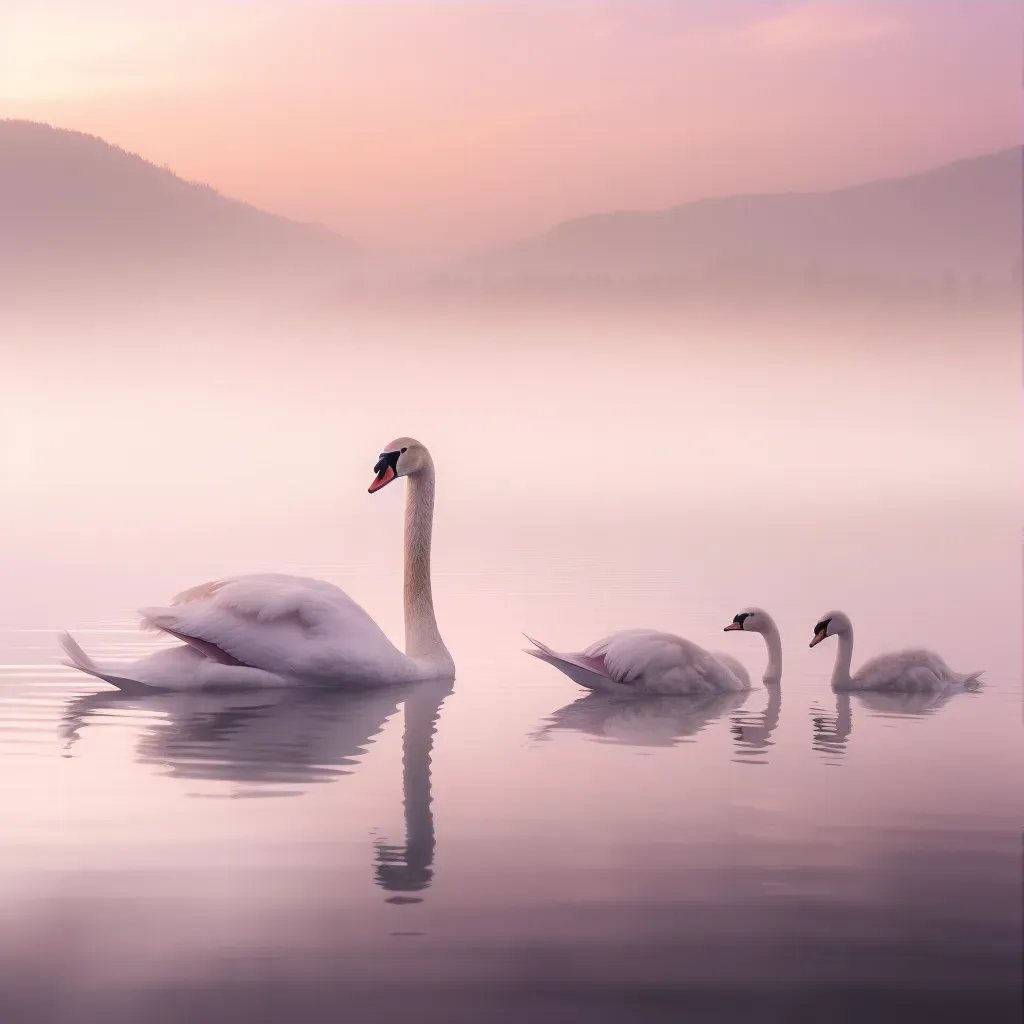 Elegant swan family gliding on a tranquil mist-covered lake at sunrise - Image 3