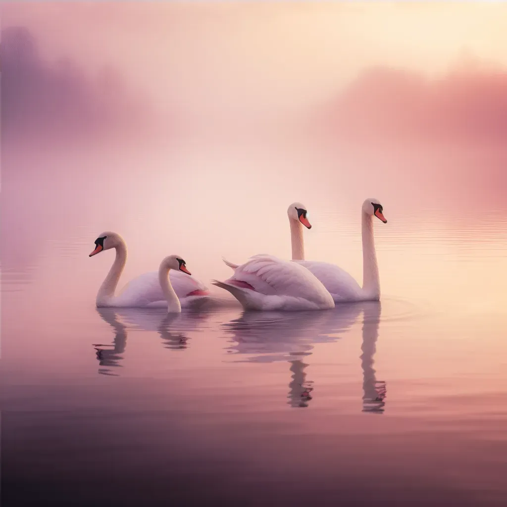 Elegant swan family gliding on a tranquil mist-covered lake at sunrise - Image 4