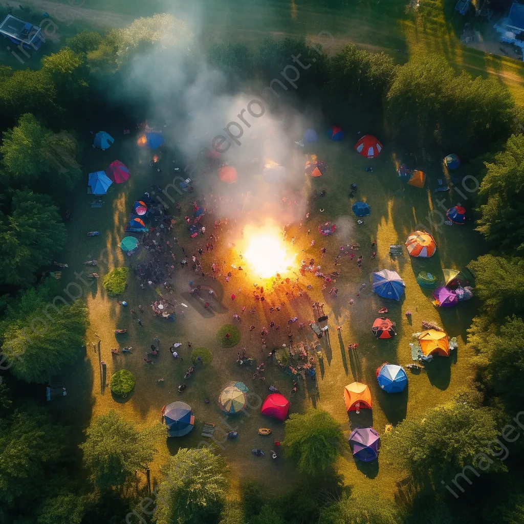 Aerial view of a campsite with tents and a bonfire - Image 1