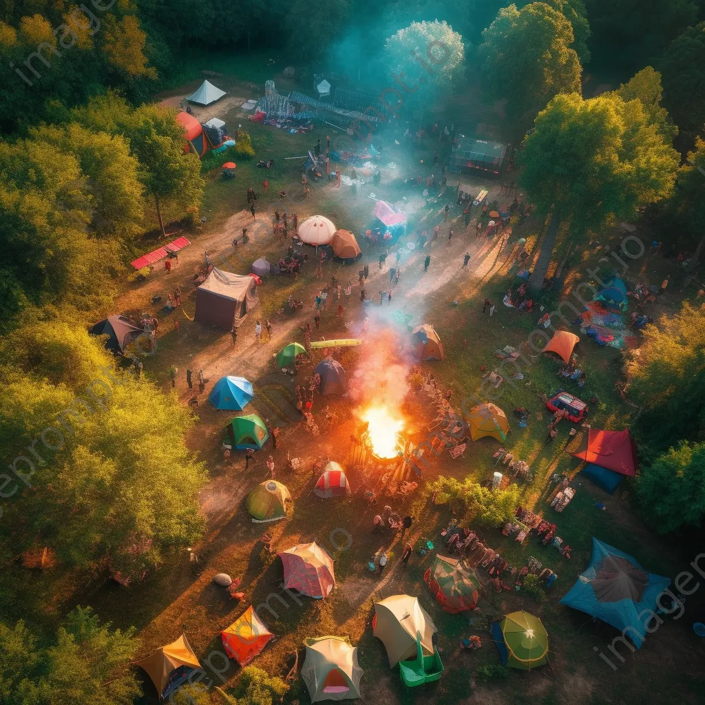 Aerial view of a campsite with tents and a bonfire - Image 2