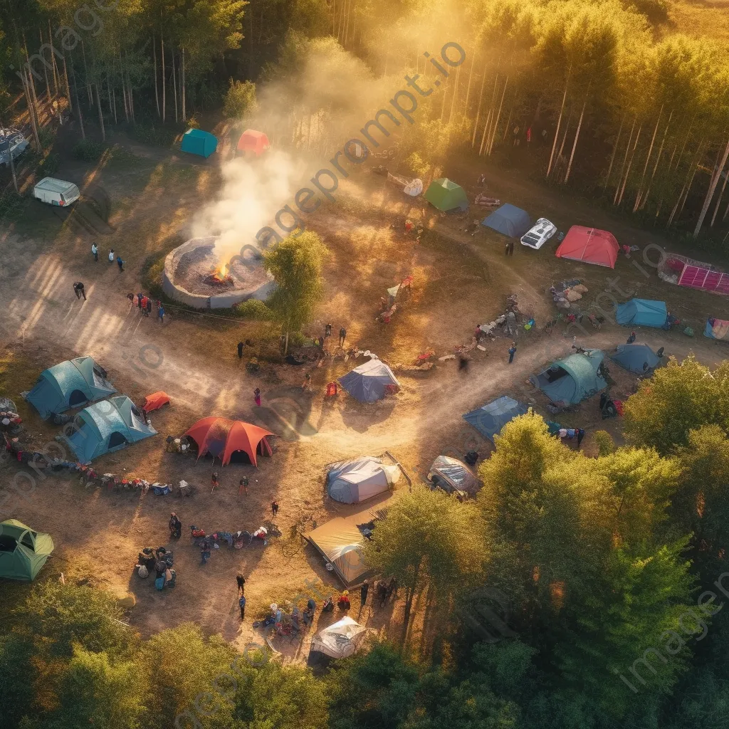 Aerial view of a campsite with tents and a bonfire - Image 3