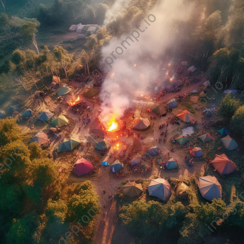 Aerial view of a campsite with tents and a bonfire - Image 4