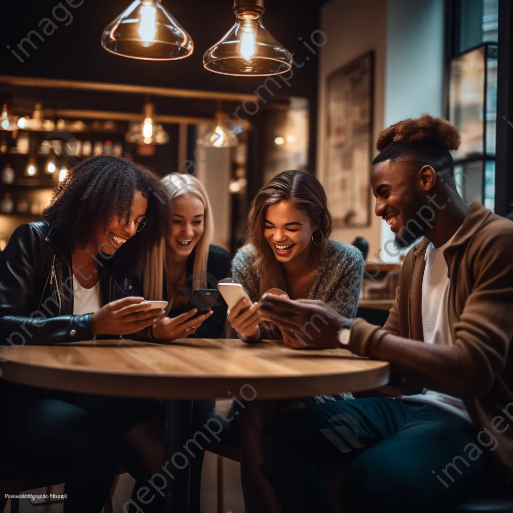 Group of friends discussing online shopping while using their smartphones at a café. - Image 1