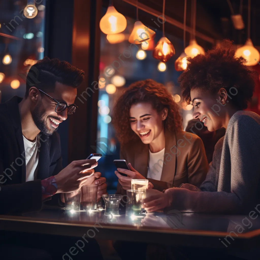 Group of friends discussing online shopping while using their smartphones at a café. - Image 3