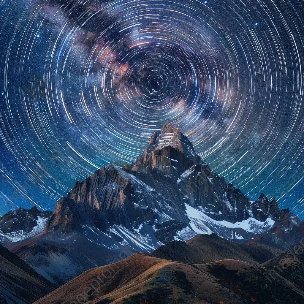 Star trails painting a celestial canvas above a mystical mountain peak - Image 1