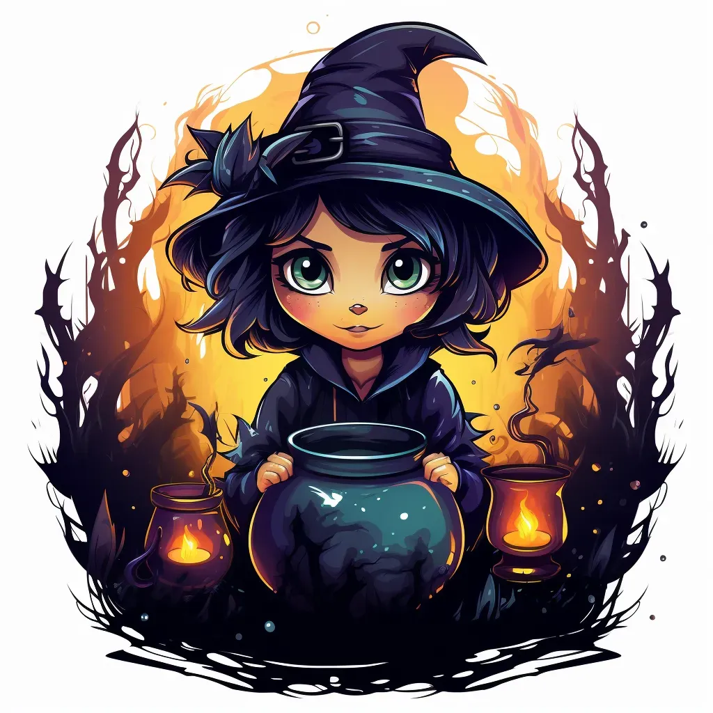 Cackling witch with cauldron, black cat, spooky forest Halloween logo - Image 1