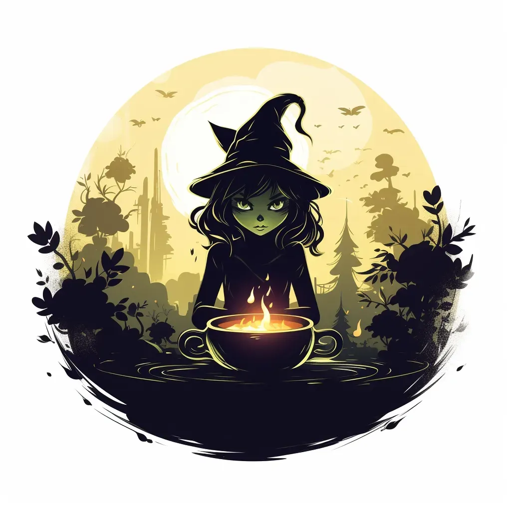 Cackling witch with cauldron, black cat, spooky forest Halloween logo - Image 2