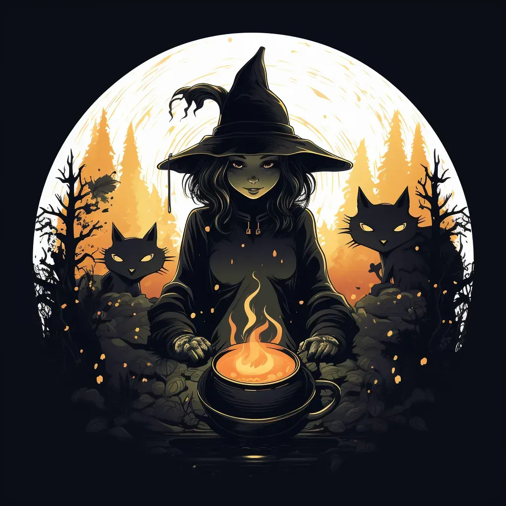 Cackling witch with cauldron, black cat, spooky forest Halloween logo - Image 3