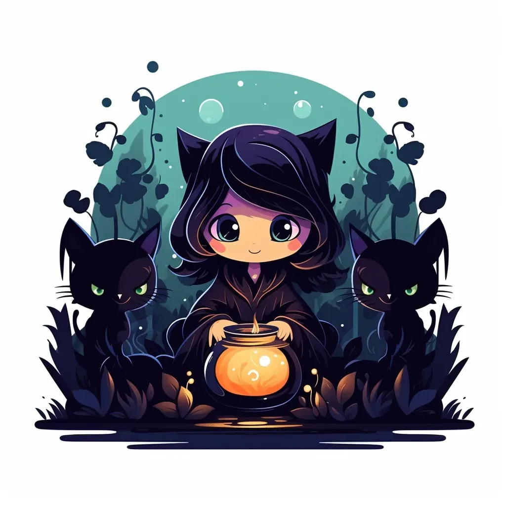 Cackling witch with cauldron, black cat, spooky forest Halloween logo - Image 4