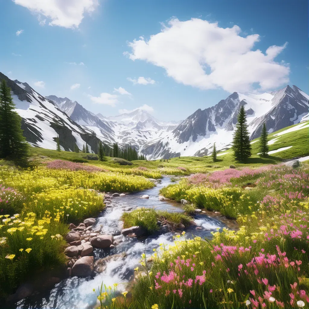 Aerial view of alpine meadow with blooming wildflowers and snowy peaks - Image 1