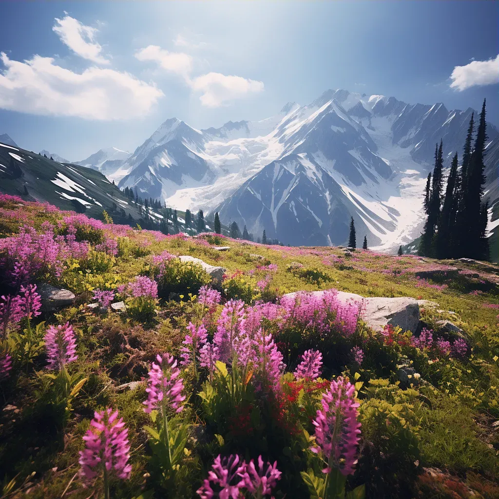 Aerial view of alpine meadow with blooming wildflowers and snowy peaks - Image 3