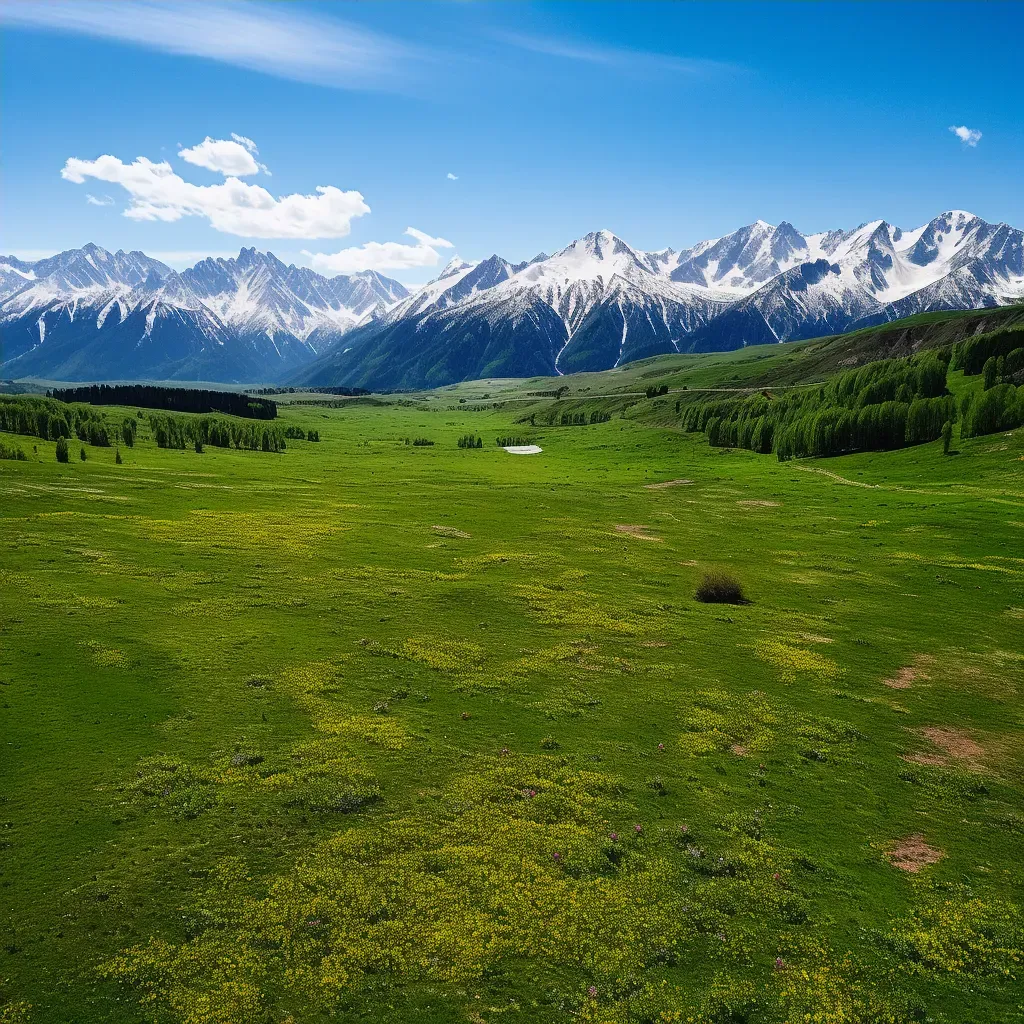 Aerial view of alpine meadow with blooming wildflowers and snowy peaks - Image 4