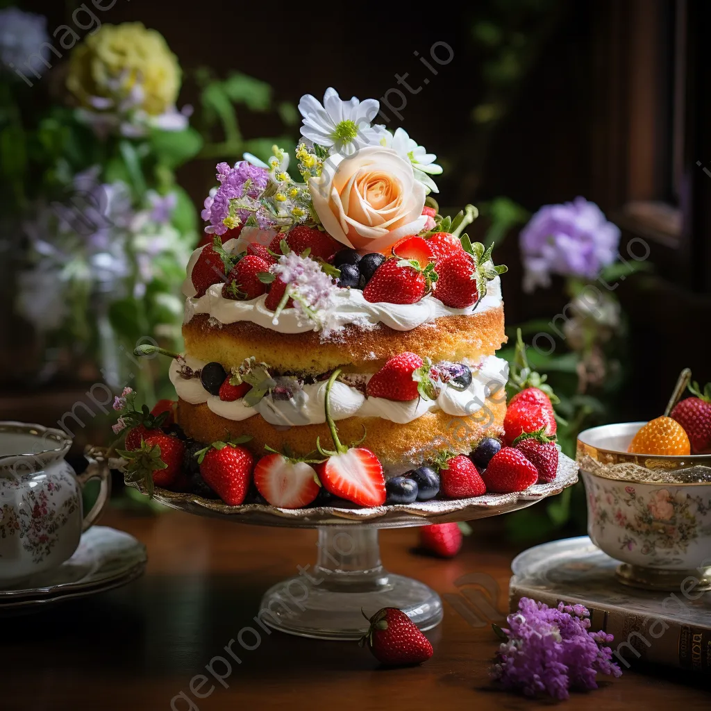 Layered sponge cake with strawberries and flowers - Image 1