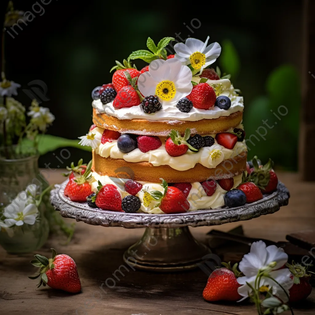 Layered sponge cake with strawberries and flowers - Image 2