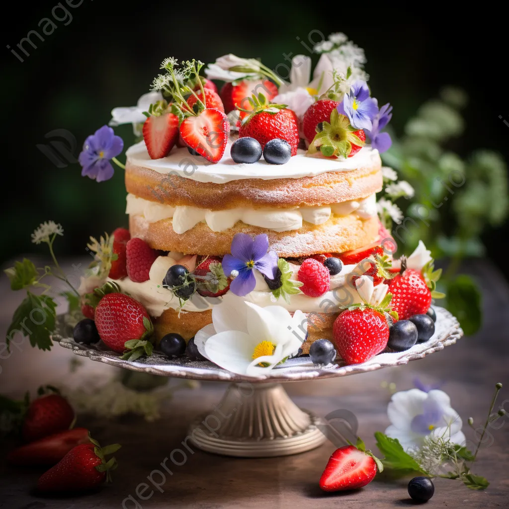 Layered sponge cake with strawberries and flowers - Image 3