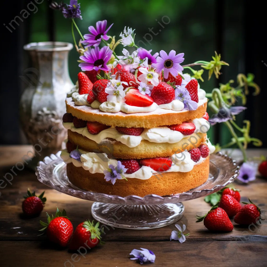 Layered sponge cake with strawberries and flowers - Image 4