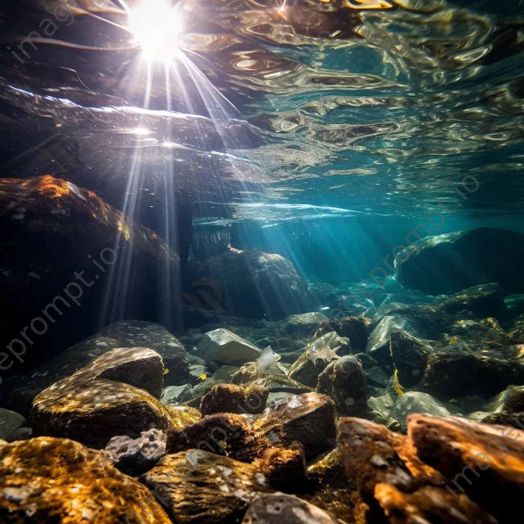 Underwater view of fish in a rock pool with sunlight - Image 1